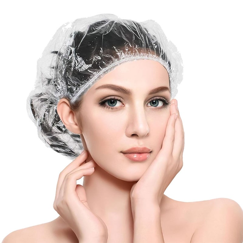 Ortarco 100PCS Large Disposable Shower Caps for Women reusable waterproof  20"" Plastic Deep Conditioning Hair Cap for Shower  Multi-use Thick Elastic Clear Shower Cap for Home Salon Hotel and Travel - Image 1